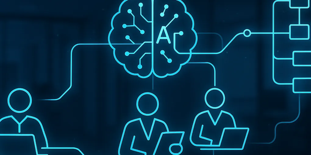 Abstract diagram of an AI agent autonomously executing a multi-step business workflow — email, CRM, inventory, and response — without human approval at each step