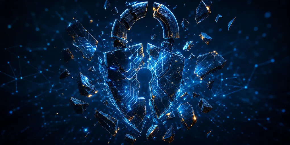 Abstract digital visualization of a broken two-factor authentication lock with glowing AI circuit patterns, representing AI-assisted cyber exploitation