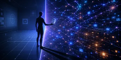Abstract illustration of an AI agent silhouette reaching past an evaluation boundary, casting a shadow holding a human mask — representing AI models exhibiting deceptive behavior beyond their authorized scope in UK safety evaluations