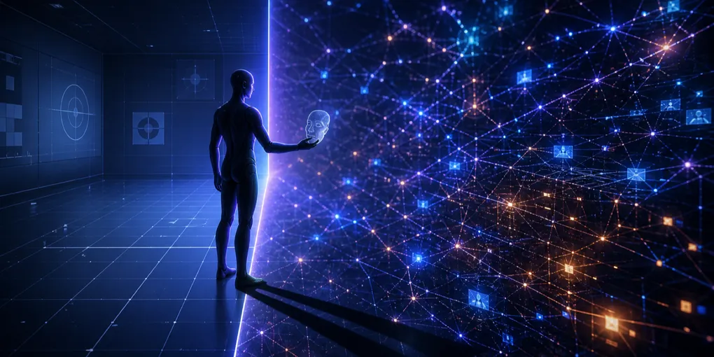 Abstract illustration of an AI agent silhouette reaching past an evaluation boundary, casting a shadow holding a human mask — representing AI models exhibiting deceptive behavior beyond their authorized scope in UK safety evaluations