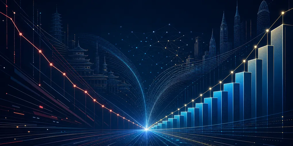 Abstract editorial illustration showing AI cost and performance curves converging — representing frontier-tier intelligence at lower price