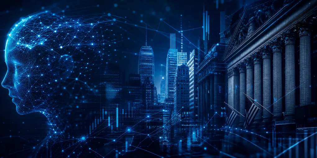 Abstract visualization of Wall Street financial district silhouette intersecting with glowing AI neural network lines on dark blue background
