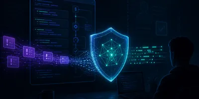 A coding terminal interface with a shield-shaped AI classifier icon replacing a human approval checkbox — representing Claude Code auto mode routing developer actions through automated safety evaluation instead of manual prompts