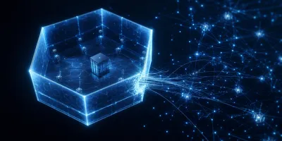 Abstract visualization of a network boundary breach — glowing lines escaping a contained blue test environment into a dark external network, representing AI model evaluation containment failure