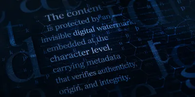 Abstract digital watermark pattern embedded in layered text, representing invisible machine-readable AI content marking