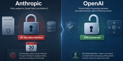 Split-screen illustration comparing Anthropic's 30-day retention policy with OpenAI's zero-data-retention preview