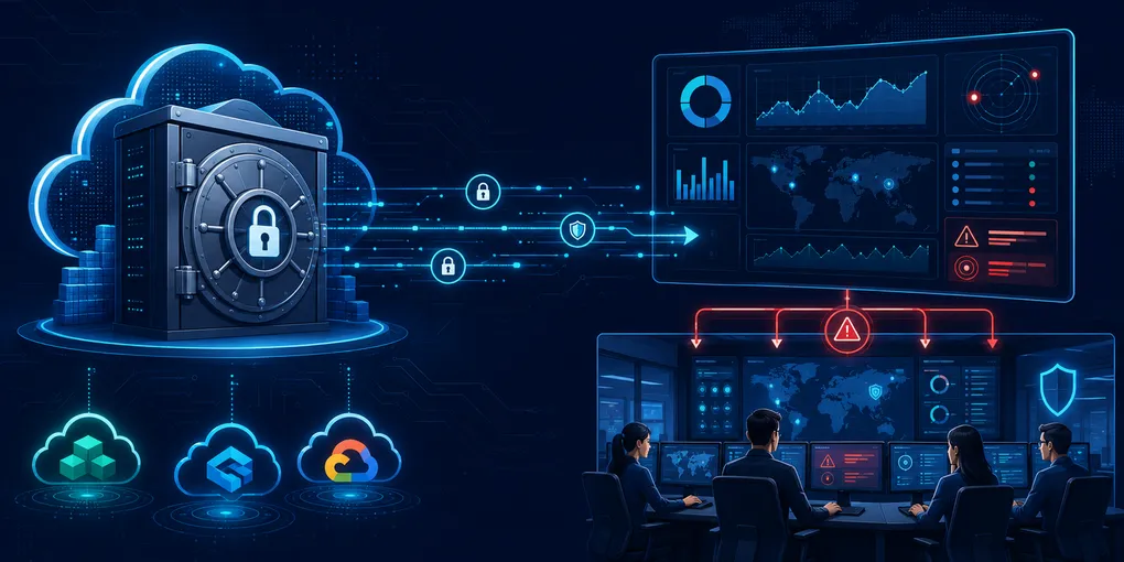Secure enterprise data vault with customer-held encryption keys and security alert signals flowing to an operator team