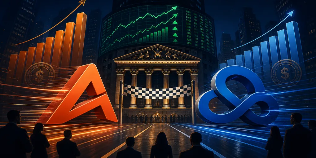 Two AI company logo glyphs racing toward a stock exchange IPO finish line against a dark navy background with revenue bar charts and enterprise office silhouettes