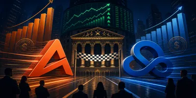 Two AI company logo glyphs racing toward a stock exchange IPO finish line against a dark navy background with revenue bar charts and enterprise office silhouettes