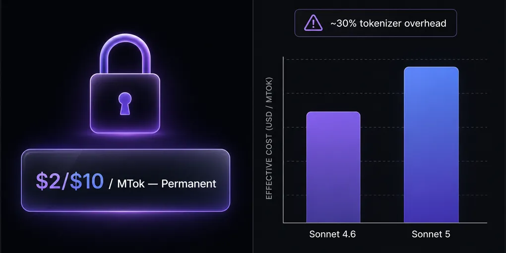 Split-panel dashboard showing Anthropic Sonnet 5's permanent two-dollar input and ten-dollar output price beside a token-consumption comparison
