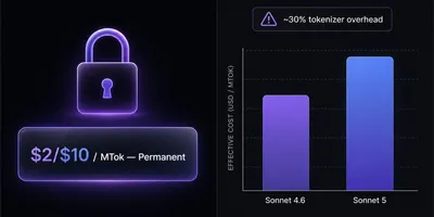 Split-panel dashboard showing Anthropic Sonnet 5's permanent two-dollar input and ten-dollar output price beside a token-consumption comparison