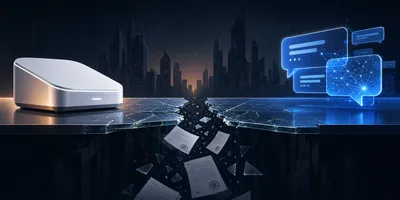 Abstract illustration of a fractured bridge between a sleek hardware device and an AI chat interface, representing the Apple-OpenAI legal dispute