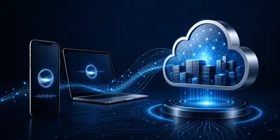 Abstract visualization of Apple device data flows connecting to cloud AI infrastructure, representing Siri and Gemini integration