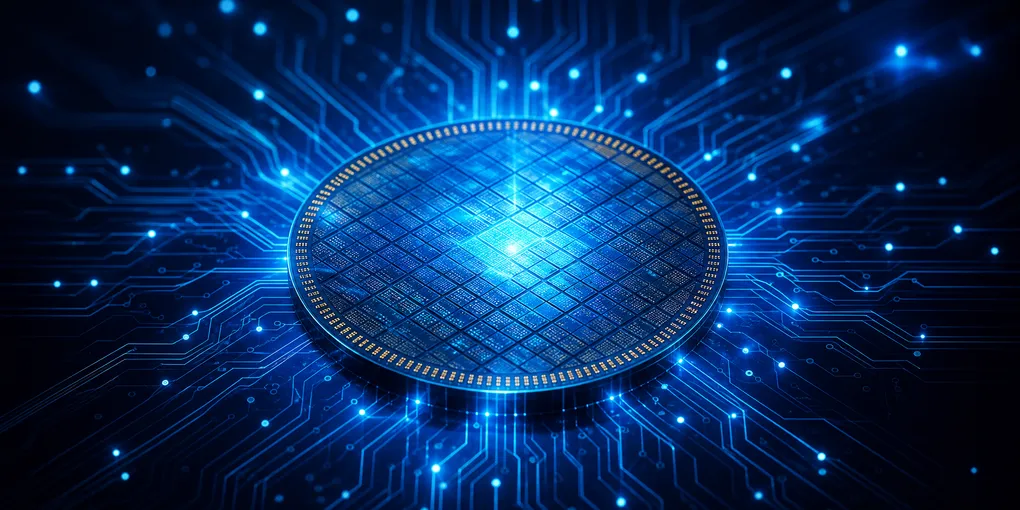 Dark blue and cyan visualization of a wafer-scale AI chip with glowing neural network pathways representing high-speed inference compute