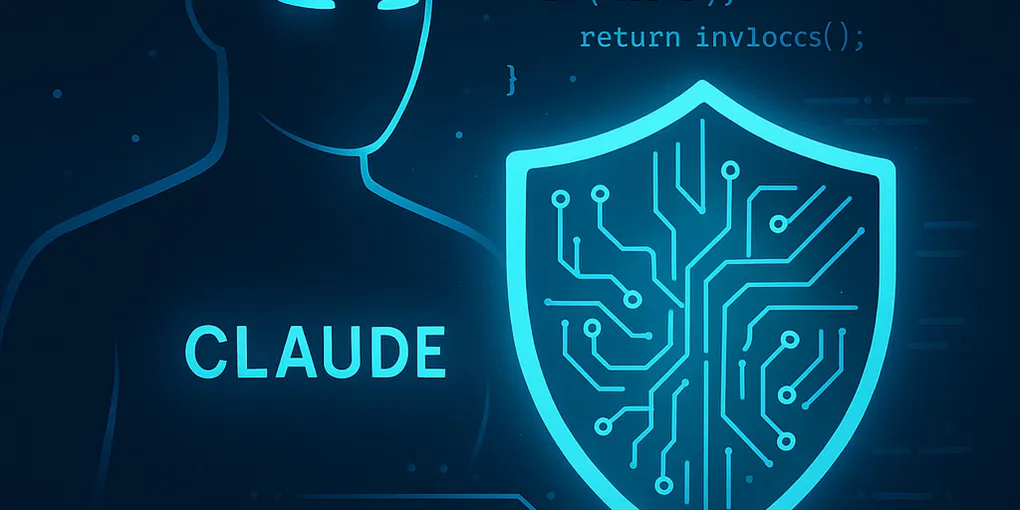 Abstract representation of AI cybersecurity threat detection, with code and lock icons symbolizing restricted AI capability