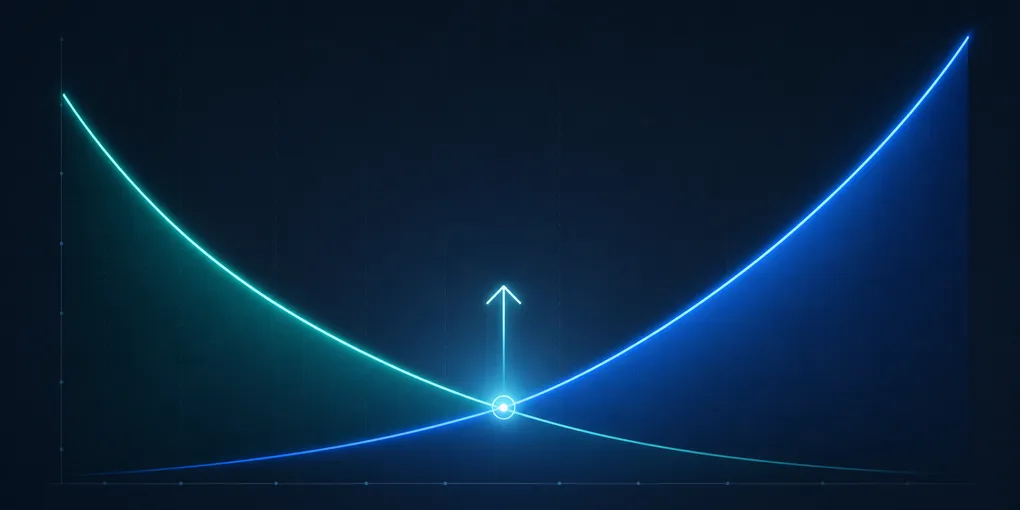 Abstract editorial illustration showing tiered AI model performance and cost curves converging — near-frontier intelligence at lower cost