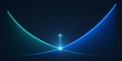 Abstract editorial illustration showing tiered AI model performance and cost curves converging — near-frontier intelligence at lower cost