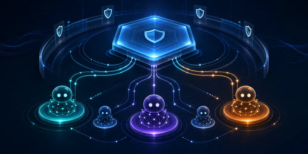 Abstract diagram of a central orchestration hub connecting multiple AI agent nodes under unified governance controls