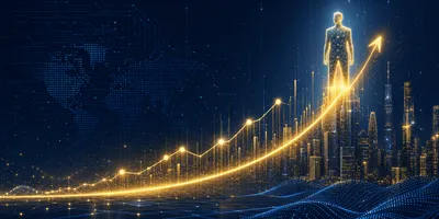 Abstract visualization of an AI vendor diligence checklist beside a rising valuation curve and circuit patterns