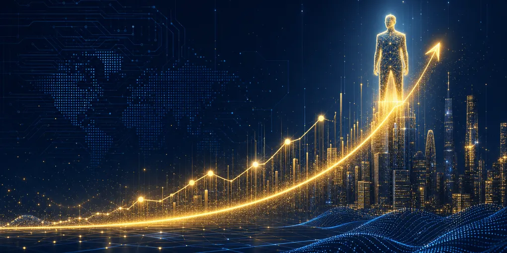 Abstract visualization of an AI vendor diligence checklist beside a rising valuation curve and circuit patterns