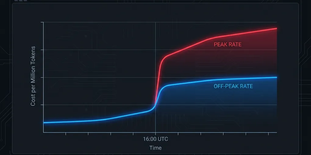 Split-screen graphic showing a DeepSeek API pricing table with peak rates highlighted in red and off-peak rates in blue, overlaid on a dark technical circuit background