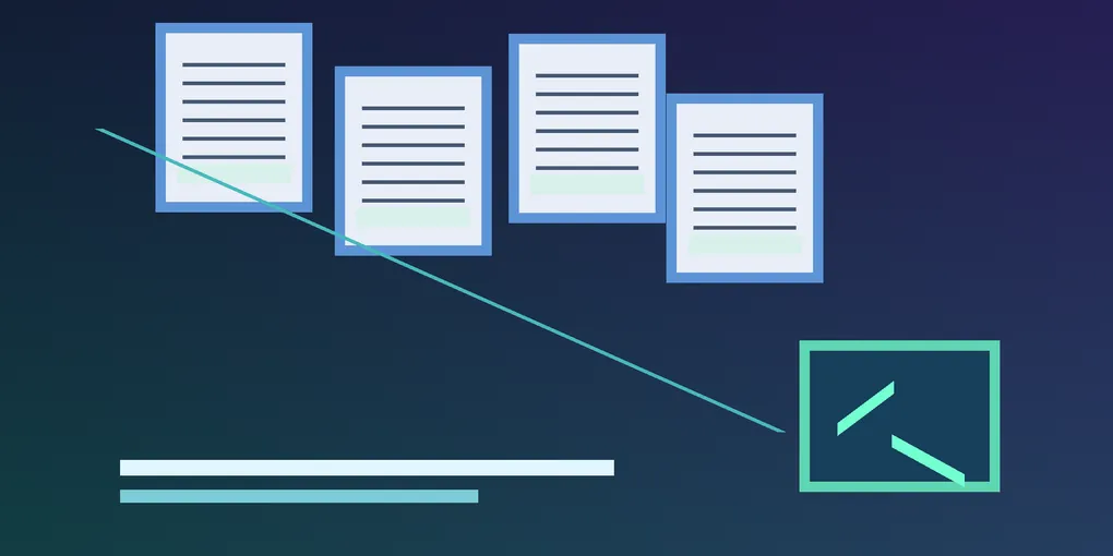 Abstract document-processing workflow with scanned pages, structured fields, checkmarks, and a human approval gate, representing a safe Document AI pilot