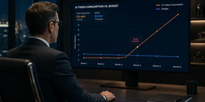 A business executive reviews a dashboard showing AI tool spending spiking upward as agentic token consumption multiplies across an enterprise engineering team