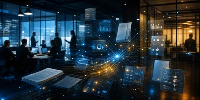 Abstract visualization of professional services audit workflows intersecting with glowing AI nodes on a dark blue background representing the EY and Microsoft AI alliance