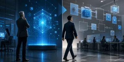 Abstract illustration of a corporate leadership transition at an AI lab — two figures exchanging a glowing Gemini-blue orb in front of a fractured timeline, representing the DeepMind restructure and Gemini model delay