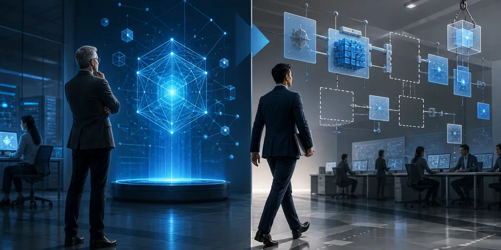 Abstract illustration of a corporate leadership transition at an AI lab — two figures exchanging a glowing Gemini-blue orb in front of a fractured timeline, representing the DeepMind restructure and Gemini model delay