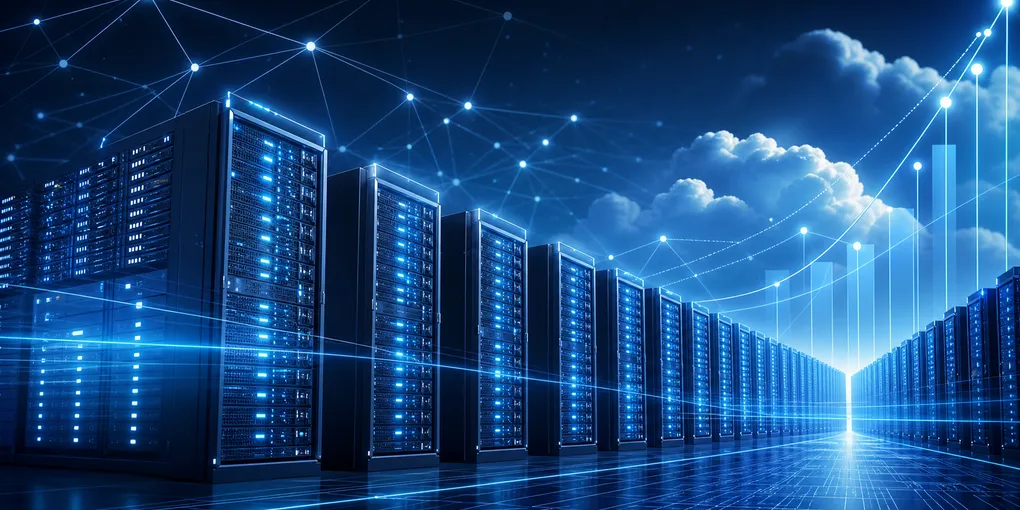 Rows of glowing blue server racks in a large data center, representing Google Cloud's accelerating AI infrastructure expansion