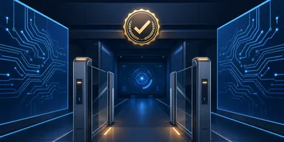 Government security checkpoint with AI interface panels and approval badge symbolizing frontier model vetting process