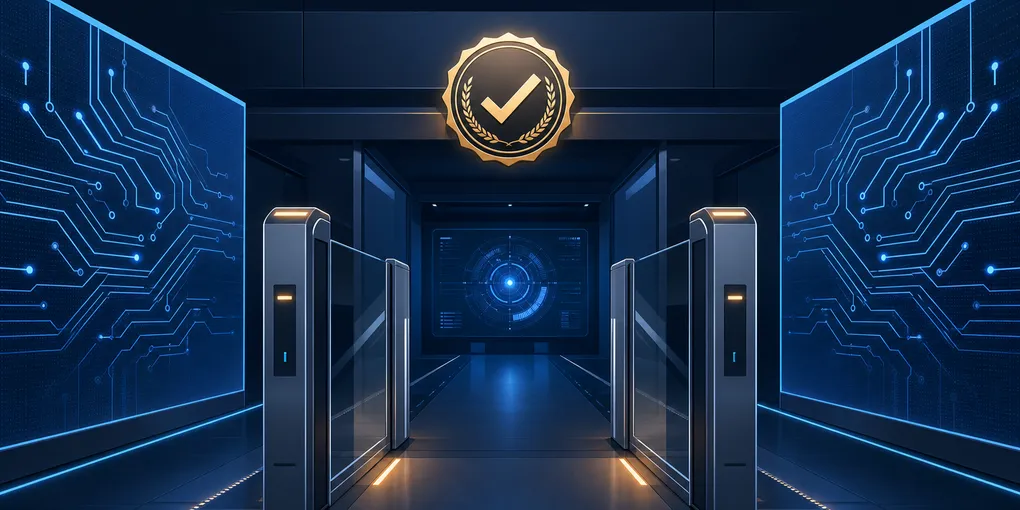 Government security checkpoint with AI interface panels and approval badge symbolizing frontier model vetting process