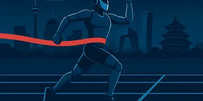 Bipedal humanoid robot sprinting along a road course at the 2026 Beijing E-Town Half Marathon