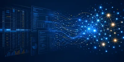 Abstract visualization of financial data and accounting workflows merging with glowing AI model nodes on a dark navy background, representing Intuit's AI platform pivot