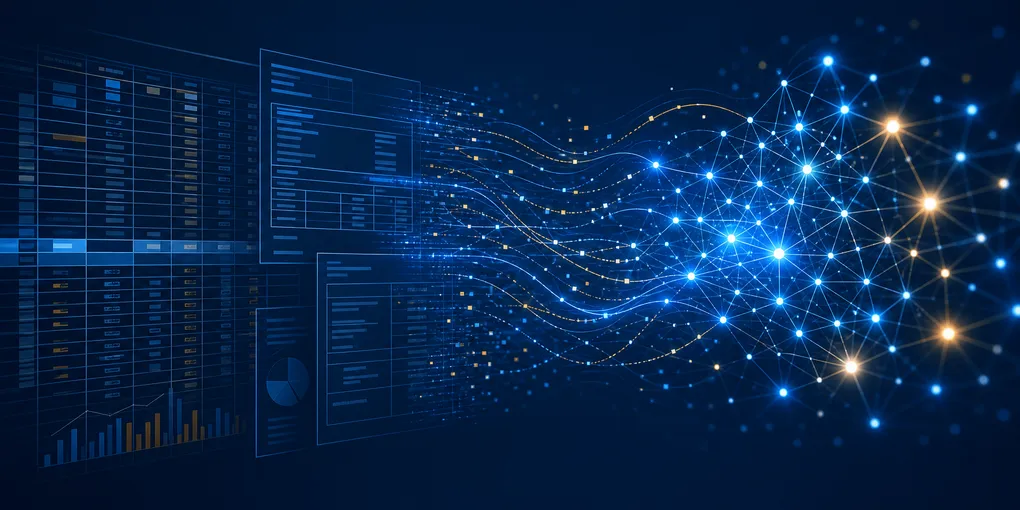 Abstract visualization of financial data and accounting workflows merging with glowing AI model nodes on a dark navy background, representing Intuit's AI platform pivot
