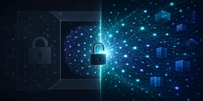 Abstract visualization of a neural network model being unlocked and released — closed proprietary system on the left, open self-hosted deployment expanding on the right, dark navy background with teal and violet accents