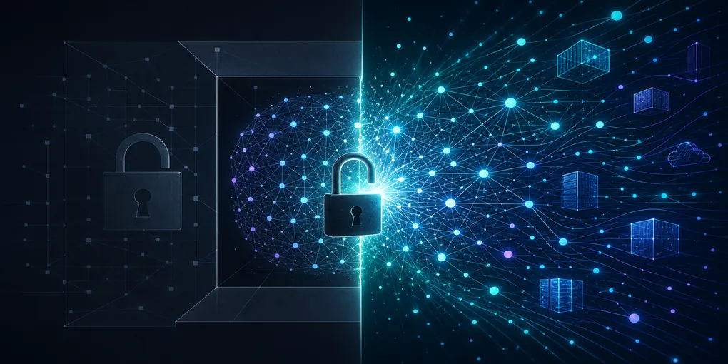 Abstract visualization of a neural network model being unlocked and released — closed proprietary system on the left, open self-hosted deployment expanding on the right, dark navy background with teal and violet accents