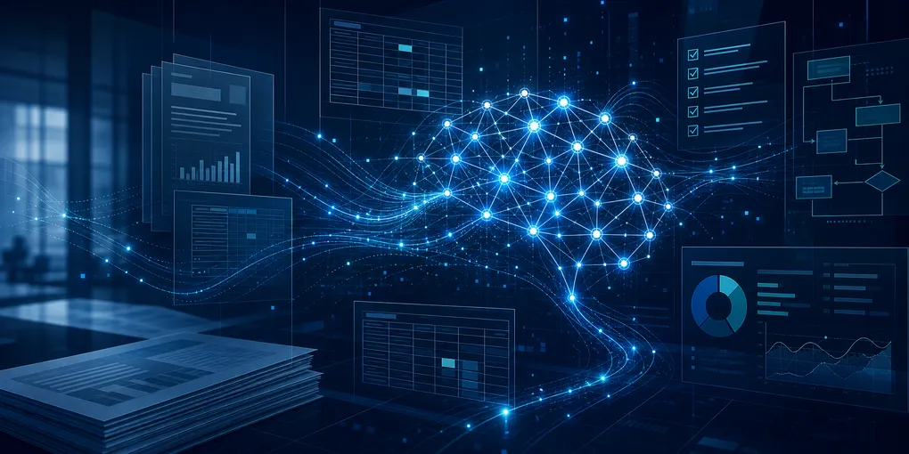 Abstract visualization of a professional services firm's audit and tax workflows intersecting with glowing AI nodes on a dark navy background
