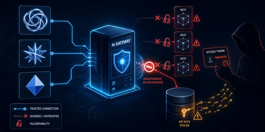 Enterprise AI gateway diagram with broken padlock on MCP endpoint and red threat-actor alert signals targeting stored API keys