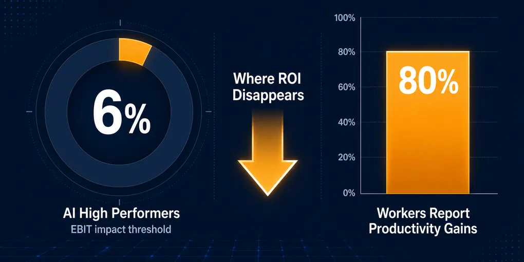 Split dashboard comparing the 6% of AI high performers with the 80% of workers reporting productivity gains