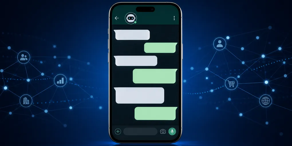 Smartphone displaying a WhatsApp Business chat with an AI agent icon, representing Meta Business Agent enterprise launch on a dark blue background
