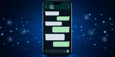 Smartphone displaying a WhatsApp Business chat with an AI agent icon, representing Meta Business Agent enterprise launch on a dark blue background