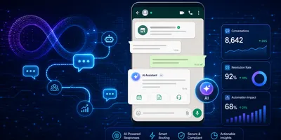 Glowing chat bubble icons in a dark blue digital network representing Meta business AI conversations on WhatsApp and Instagram