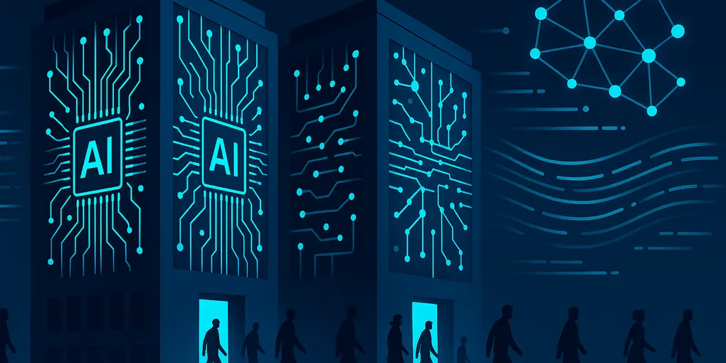 Two corporate office buildings with workers silhouetted against glowing AI circuit patterns, representing Big Tech workforce shifts toward AI infrastructure