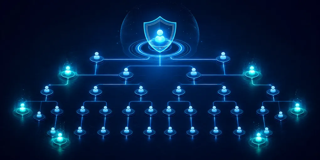 Abstract network of interconnected glowing nodes on a dark navy background, one central hub with a security shield ring, representing enterprise AI agent governance
