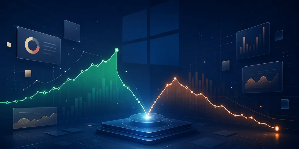 Abstract split visual showing two diverging financial paths on a blue Microsoft-branded platform — one rising toward a green Anthropic graph line, one dipping in orange, representing divergent AI investment returns