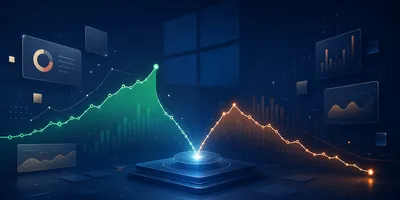 Abstract split visual showing two diverging financial paths on a blue Microsoft-branded platform — one rising toward a green Anthropic graph line, one dipping in orange, representing divergent AI investment returns