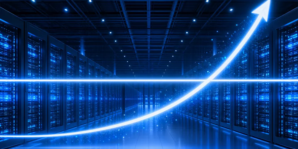 A data center at full capacity with Microsoft Azure blue lighting, abstract visualization of demand exceeding supply with server racks and cloud infrastructure