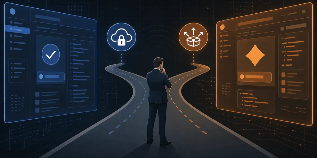A split screen showing Microsoft GitHub Copilot and Anthropic Claude Code logos on opposite sides, with a fork in the road below suggesting a vendor choice decision
